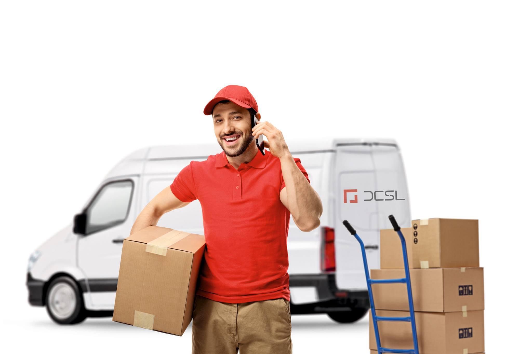 Delivery driver speaking on the phone next to a parked van with packages